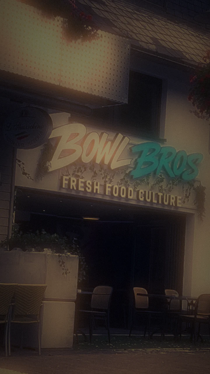 Bowlbros – Fassade bei Nacht